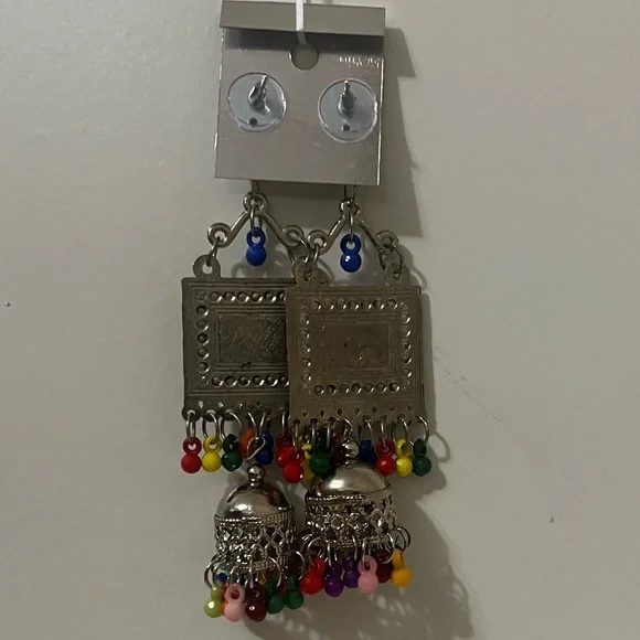 NWT | Boho Tribal Statement Earrings Silver Tone Multicolor Beaded - Picture 2 of 3